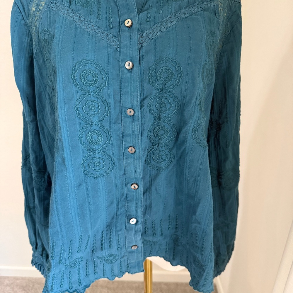 Sundance Blue Embroidered Cotton Boho Blouse Lace Ruffle Large Cottagecore - Picture 3 of 10